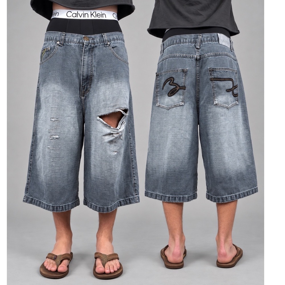 Vintage Southpole Style Baggy Denim Jorts Distressed Gray Mens 36 Long Faded